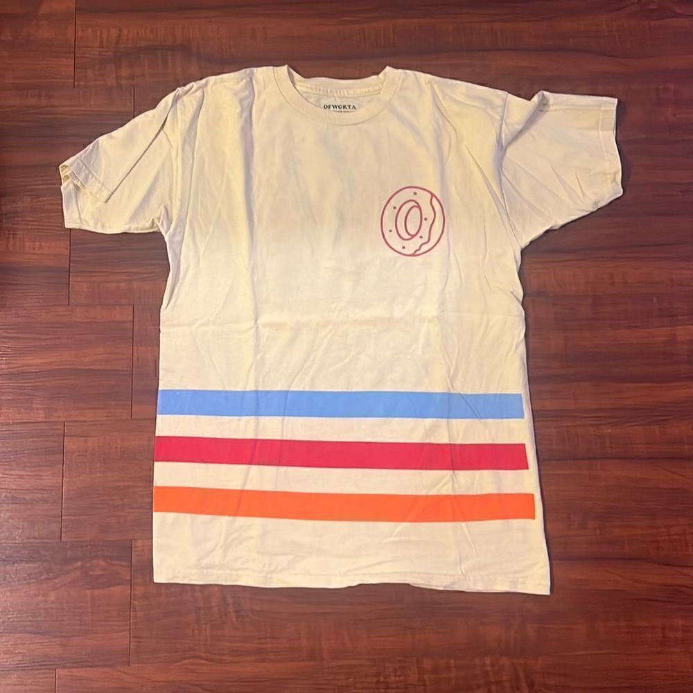 Men’s T Shirt Yellow Cotton T - Striped w Donut Logo - 100% Cotton Size Medium